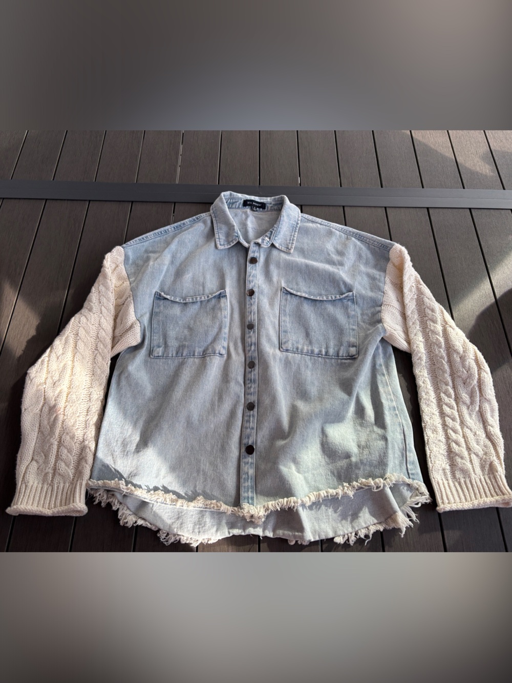 Blu Pepper Denim Shacket with Cream Cable-Knit Sleeves size small